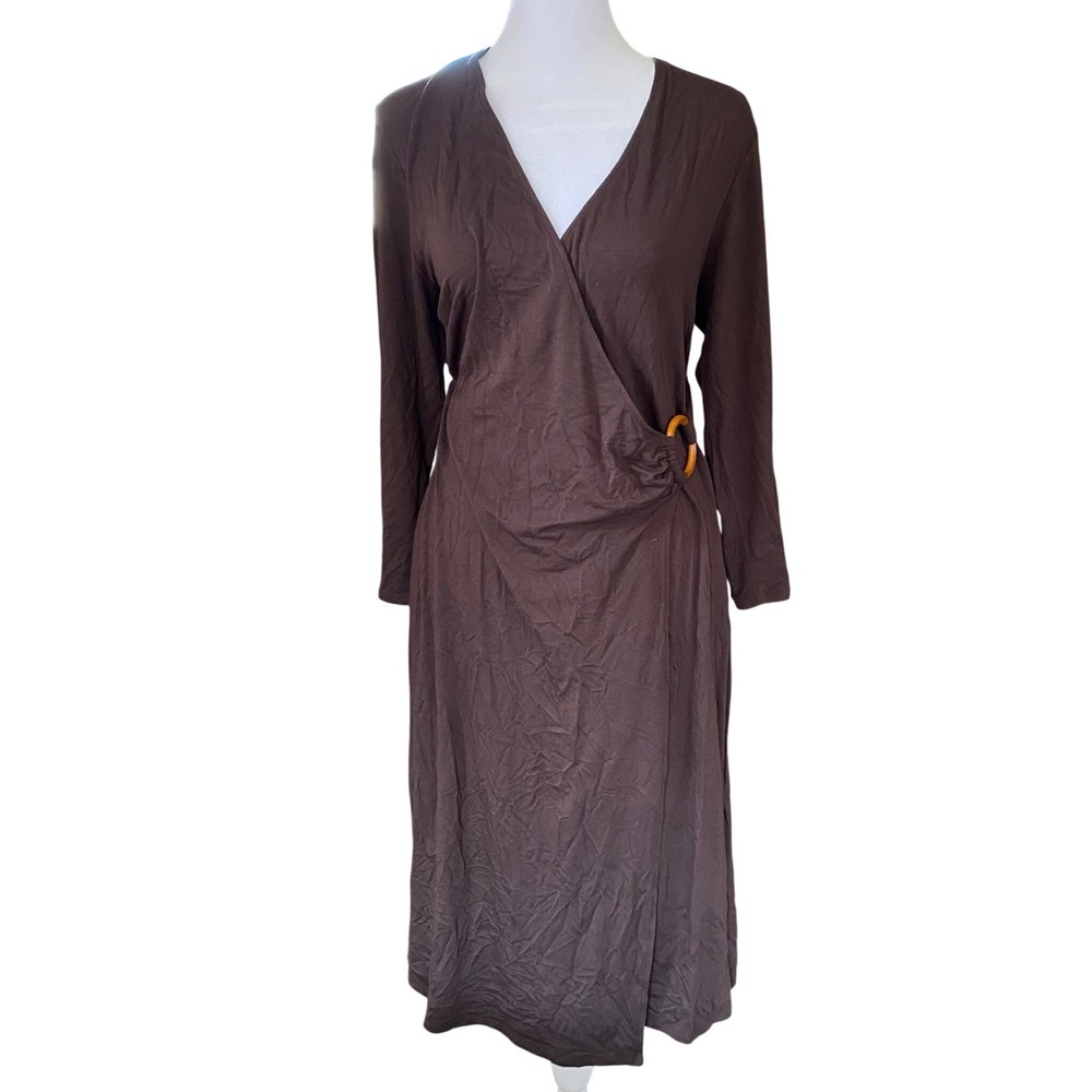 Bandolino‎ Y2K Dark Brown Wrap Midi Dress Large Curvy Earthy Boho Femme Bodycon